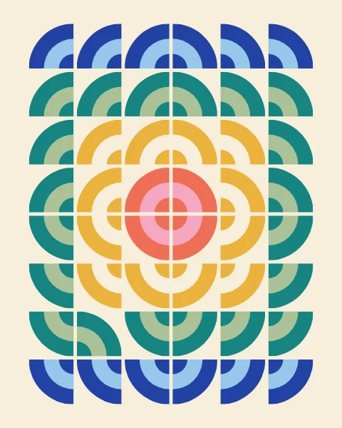 Quarter-circle tiles turn their banded corners toward the middle, so rings of coral, mustard, teal and cobalt spread outward from the centre; one tile faces away.