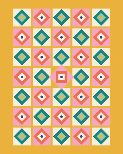 Diamonds within diamonds in teal and coral on cream and pink tiles, set in a mustard frame; one tile has turned on its point.