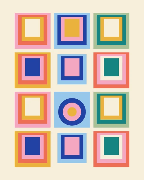 A few large tiles of nested squares, each a different trio of sorbet colours and each slightly lower than centre; one tile holds circles instead.