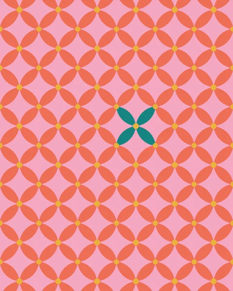 Coral petals radiate from every tile centre and every tile corner, forming a field of four-petal flowers on pink with mustard hearts; one flower is teal.