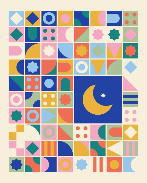 A dense grid of small tiles in every colour of the set, each with a different simple motif; one large tile in the middle holds a mustard crescent on cobalt.