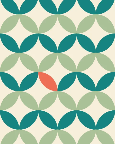 Leaf shapes in sage and teal join corner to corner across cream tiles, making a wave of interlocking circles; one leaf is coral.