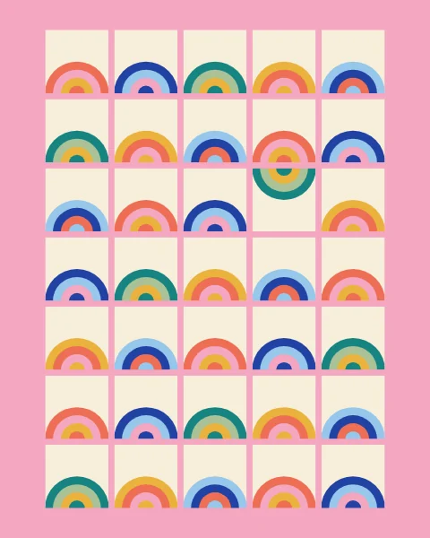 Rows of tiles each holding banded half-circles in shifting sorbet colours, set in a pink frame; one arc has turned upside down.