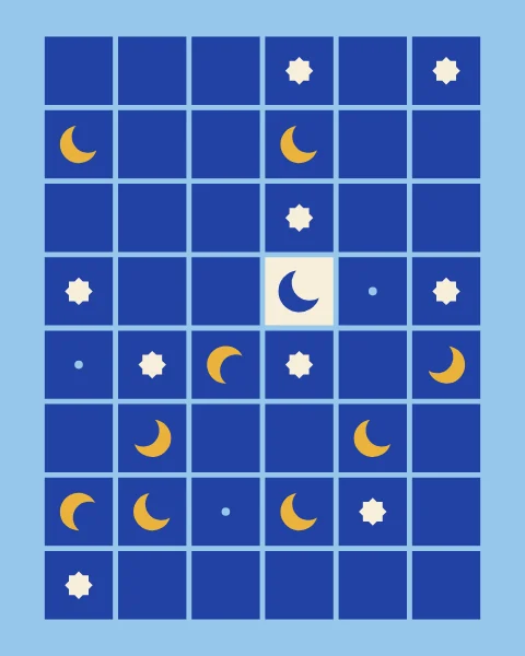 Cobalt tiles on a sky-blue frame, most of them plain, some holding mustard crescents, cream stars or small sky-blue points of light; one tile is cream with a cobalt crescent.