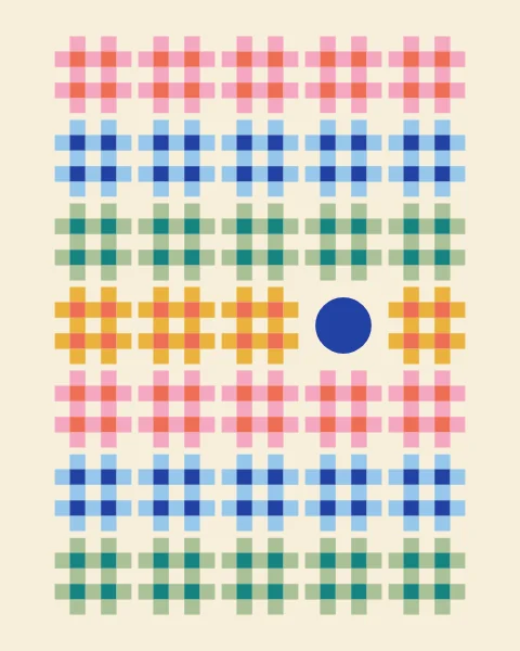 Tiles of small checks in pink and coral, sky and cobalt, sage and teal, and mustard, row by row on cream; one tile holds a single cobalt circle.