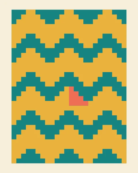 Mustard staircases climb and descend across teal tiles, meeting in stepped peaks and stepped valleys; one staircase is coral.