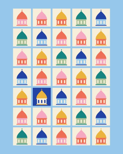 Small domes in coral, pink, mustard, teal and cobalt sit on cream tiles, each on its own base with a finial; one dome sits on a cobalt tile.