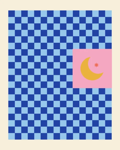 A dense field of tiny cobalt and sky checks, with one large pink tile among them holding a mustard crescent and star.