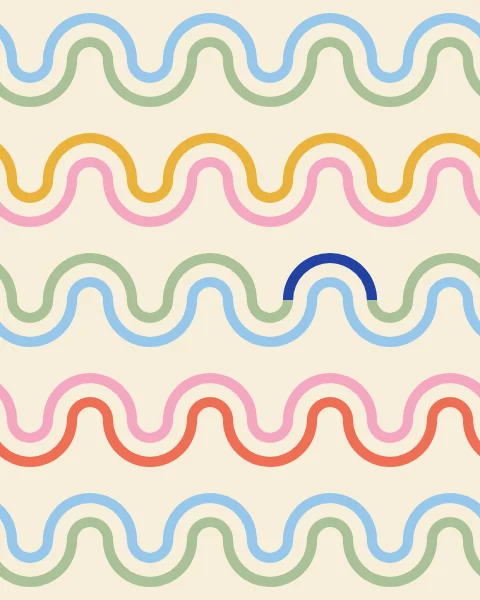 Paired bands of pink and coral, sky and sage, mustard and pink curve tile to tile in long, even waves across a cream ground; one stretch of one band is cobalt.