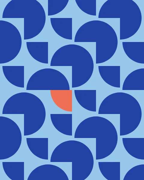 Cobalt quarter circles on sky tiles turn a quarter turn with each step, so the grid seems to rotate; one tile skips a turn.