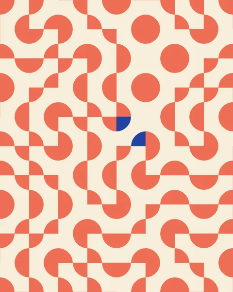 Coral quarter circles at opposite corners of cream tiles, turned at random, merge into rounded shapes that wander across the whole surface; one tile is cobalt.