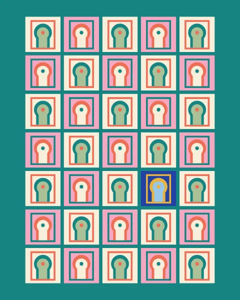 Horseshoe arches in teal and coral, each inside a thin rectangular frame, on alternating cream and pink tiles set in a teal border; one arch is mustard on cobalt.