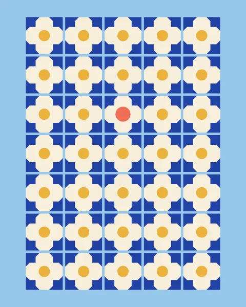 Cobalt eight-point stars gather where four cream tiles meet, split by thin sky-blue grout, with a mustard disc in each tile centre; one disc is larger and coral.