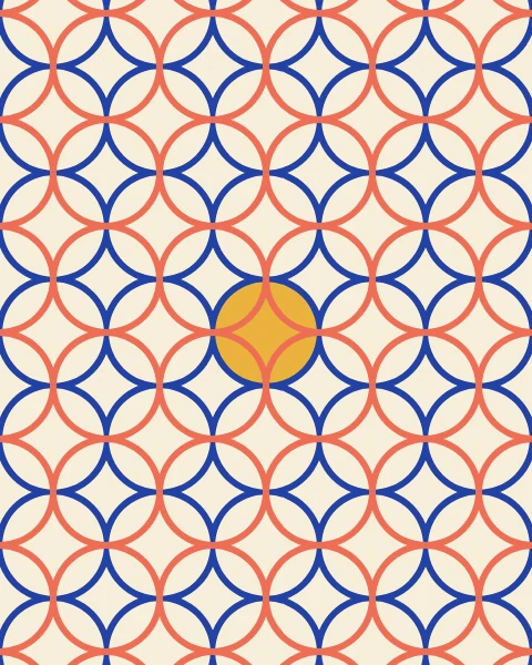 Overlapping cobalt and coral rings link across a cream ground, every circle crossing four others; one ring is filled with mustard.