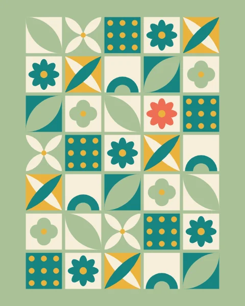 A sage-framed grid of leaves, petals, seeds and rosettes in sage, teal, mustard and cream, laid out like beds in a garden; one rosette is coral.