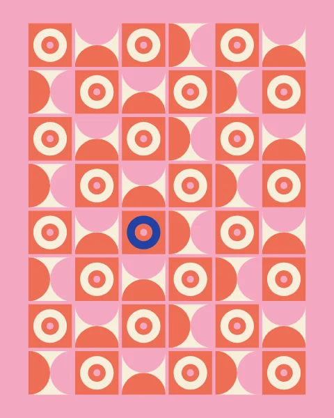 Rings and half-moons in coral, pink and cream alternate across a pink-framed grid; one ring is cobalt.
