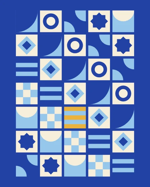 A cobalt frame around tiles of sky, cream and cobalt carrying stars, quarter circles, stripes and rings; one tile is mustard.