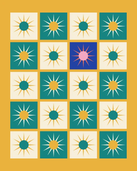 A chequer of cream tiles with mustard sunbursts and teal tiles with cream ones, each with a bright centre, inside a mustard frame; one sun is coral on cobalt.