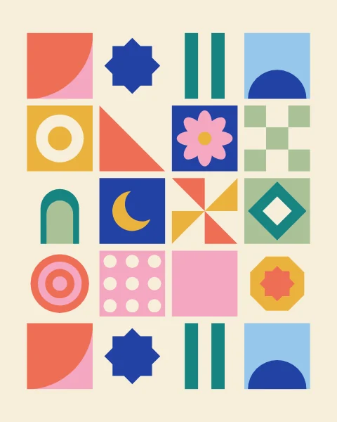 A grid in which every tile carries a different motif, quarter circle, star, stripe, half-moon, ring, rosette, arch and more, with one tile left plain.
