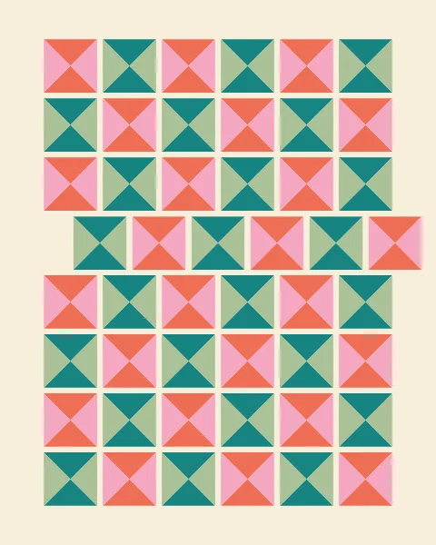 A grid of coral and teal hourglass tiles on cream in which one whole row has slid half a tile sideways, out past the edge of the others.