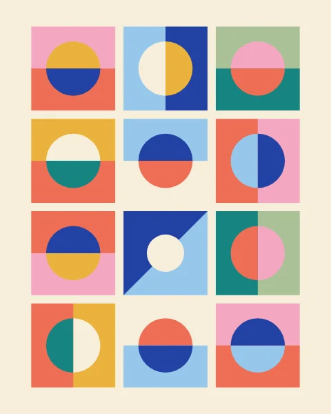 A few big tiles split into two colours, each with a disc riding the dividing line in two more; one tile is split on the diagonal.