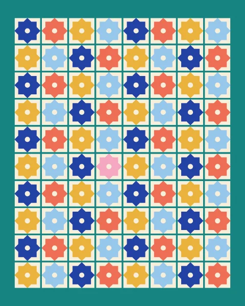 Small tiles set in teal grout, each an eight-point star in cobalt, coral, mustard or sky with a cream centre, the cream corners meeting in small four-pointed shapes; one star is pink.