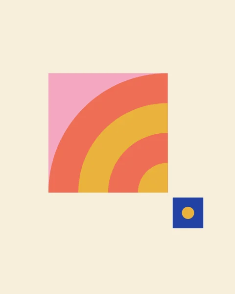 One large tile of banded quarter circles in coral, pink and mustard on a wide cream field, with a single small cobalt tile set just beside it.