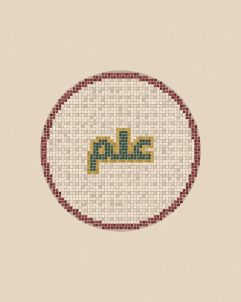 The word 'ilm, knowledge, in green tesserae with a mustard outline, inside a small round mosaic medallion with an oxblood rim on a pale plaster wall, with tiled stars in the tall shape.