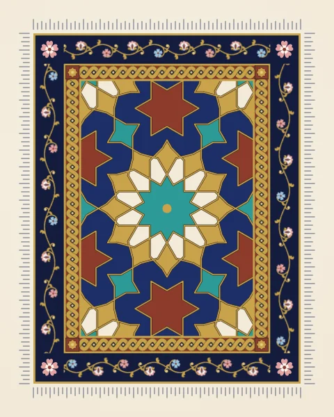 An illuminated page: a twelve-pointed star pattern on lapis, framed by a twisted gold band and a border of gold scrolls and small pink, blue and white blossoms on midnight blue.