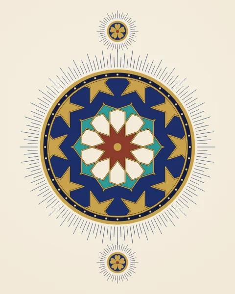 A round medallion holding a ten-pointed star rosette in madder, ivory, turquoise and gold on lapis, ringed with gold and surrounded by fine blue rays.