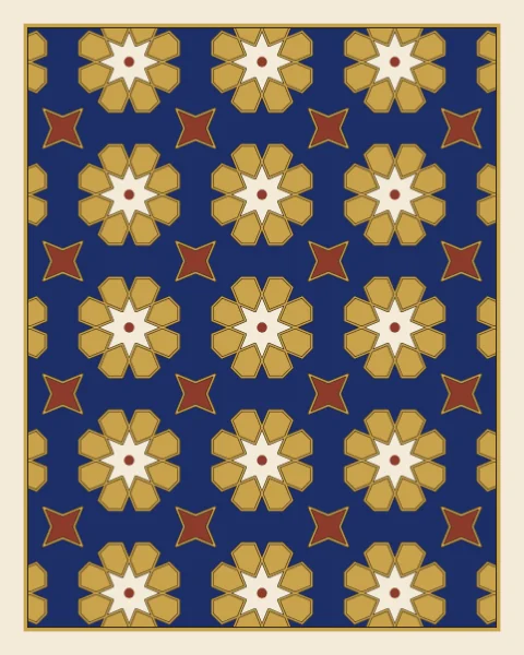 A repeating field of eight-pointed rosettes, each ringed by petals, in madder and ivory on lapis with small turquoise stars between them.