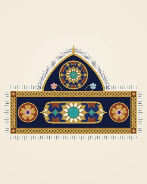 An illuminated headpiece: a gold-framed midnight panel with a star-filled cartouche and two blossom roundels, crowned by a pointed dome holding a rosette.