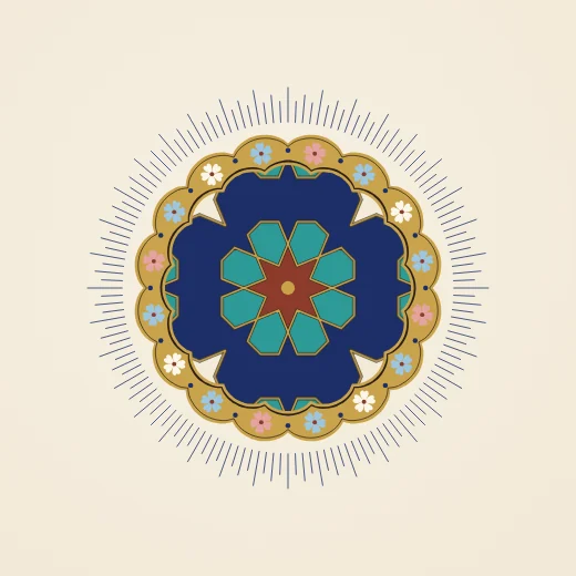 A scalloped gold medallion ringed with small blossoms, enclosing an eight-fold star rosette, with blue rays all round and a small pendant medallion above and below.