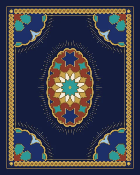 A midnight blue page inside a twisted gold band, with star-filled quarter medallions in each corner and a scalloped madder medallion at the centre.