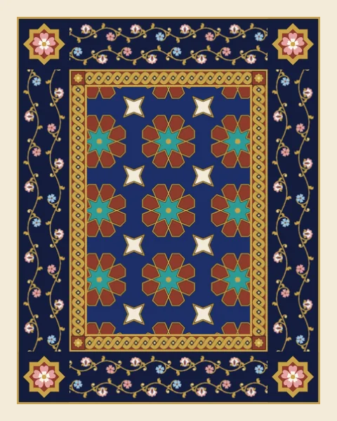 A broad midnight border of gold scrolls, hatayi blossoms and small pink, blue and white flowers, with star corner blocks, frames a twisted gold band and an eight-fold star field.