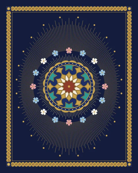 A twelve-pointed rosette medallion ringed with blossoms sends out hundreds of fine gold rays across a midnight page framed by a twisted gold band.