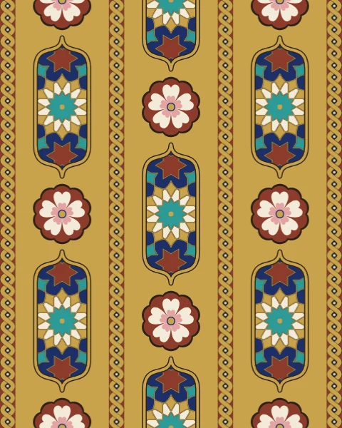 Rows of lapis cartouches filled with star patterns, alternating with madder blossom roundels on a gold ground, divided by twisted gold bands.