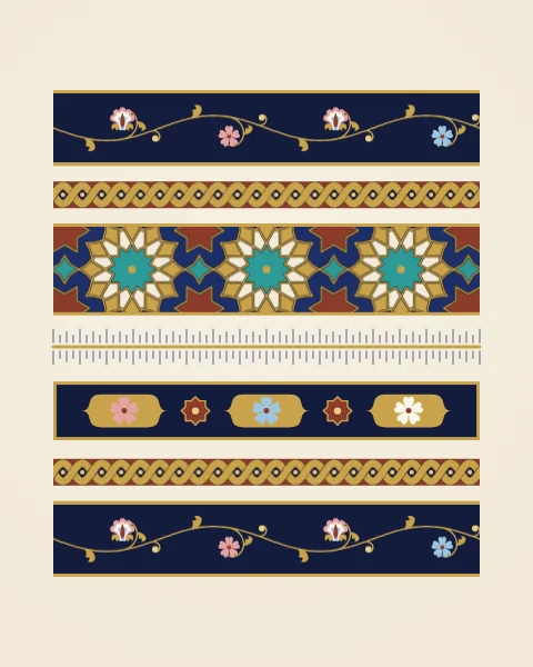 A page of borders laid out as a study: gold scrolls on midnight, twisted rope bands, a star-pattern strip, fine blue rays and a row of small cartouches.
