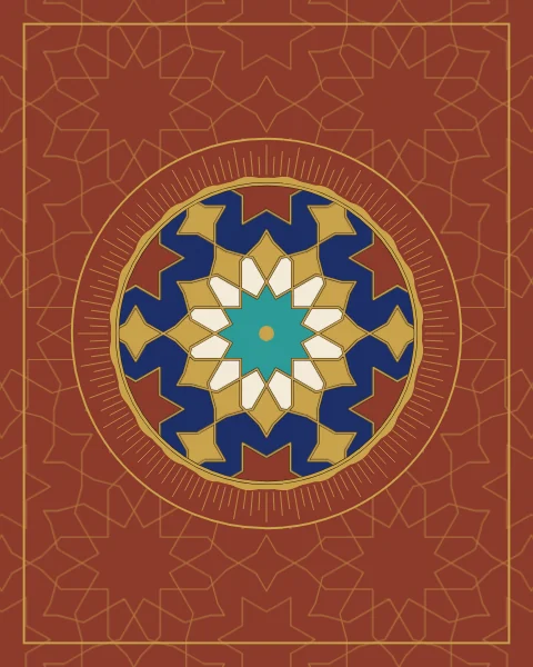 A twelve-pointed rosette medallion in lapis, turquoise and gold sits on a madder red ground traced with a fine gold star pattern.