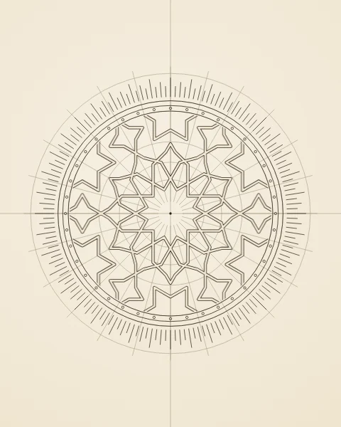 A twelve-fold star rosette inked on warm paper, with the faint pencil circles and radii of its construction still showing.
