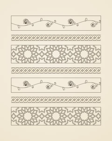 Bands of scrolling vine, twisted rope and star strapwork drawn in fine black ink on warm paper.