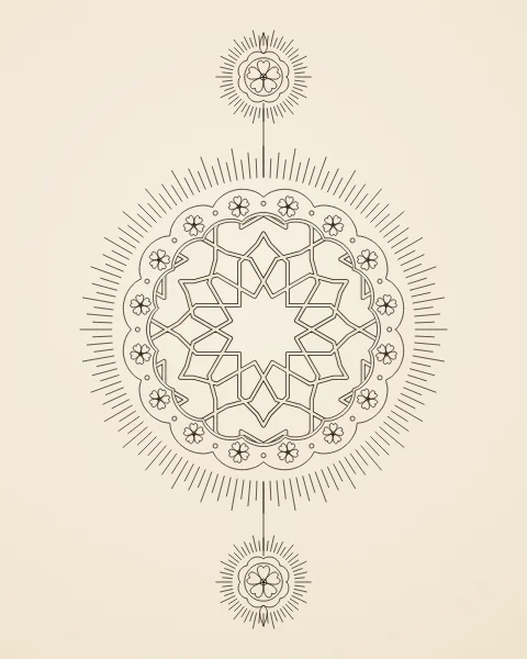 A scalloped medallion holding a twelve-fold star rosette, a ring of small blossoms and pendant roundels, drawn in black ink with fine rays on warm paper.