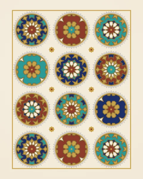 A grid of round medallions, each holding an eight, ten or twelve-pointed star rosette on lapis, madder or turquoise, with small gold stars between them.