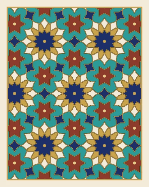 An allover star pattern of twelve-pointed rosettes, six-pointed stars and ivory petals on a turquoise ground, outlined in gold.