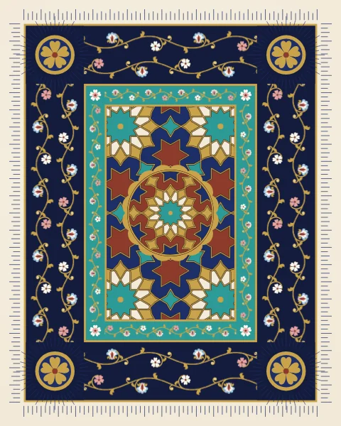 A twelve-fold rosette on madder over a lapis star pattern, inside a turquoise scroll band and a broad midnight border of gold scrolls and pink, blue and white blossoms.
