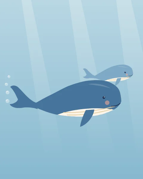 A big blue whale swims through sunlit water with its small calf close above its back.
