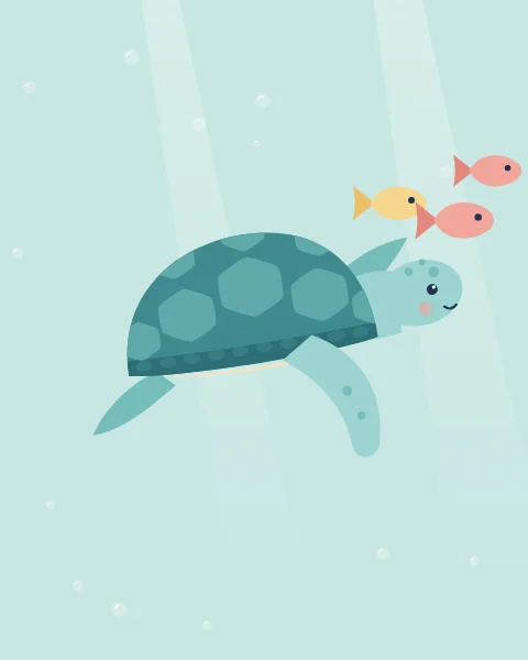 A green sea turtle glides through pale aqua water among a few bubbles and small fish.