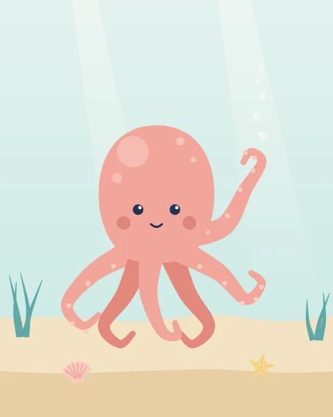 A coral-pink octopus sits on the sandy sea floor and waves one curling arm.