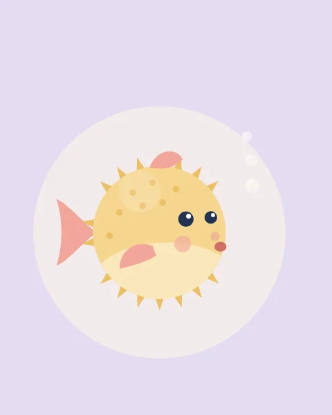 A round butter-yellow pufferfish floats on soft lilac, blowing a short trail of bubbles.