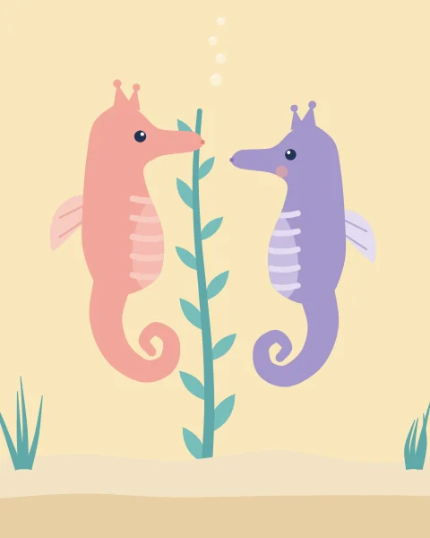 Two seahorses, one coral and one lilac, face each other beside a tall strand of kelp.